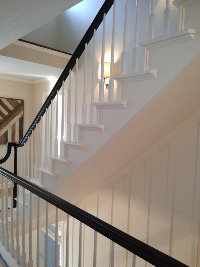 Finished bright white staircase trim in Hudson Ohio home off Route 303