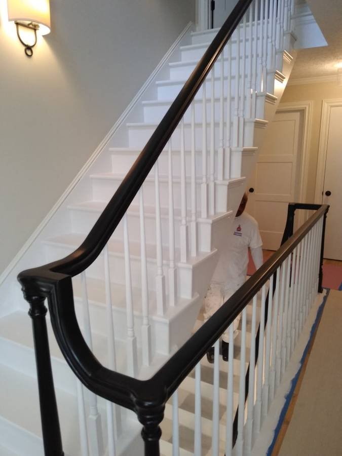 Hudson Ohio staircase being painted with Sherwin-Williams Emerald Urethane Trim Enamel